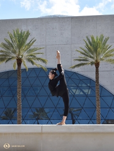 Meanwhile, dancer Zoe Jin competes with the height of the palm trees outside the Mahaffey Theatre in St. Petersburg, FL. (Photo by Kaitlyn Chen)